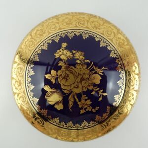 Limoges France JS Porcelain Powder Box Trinket Box Cobalt Blue & Gold